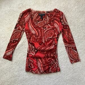 Red paisley v neck blouse with 3/4 sleeves, boho chic bohemian fairycore hippie